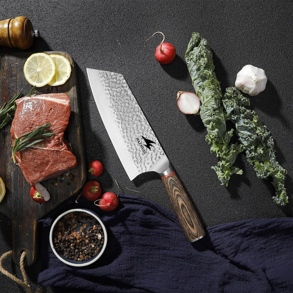 6.4 Inch Japanese Hammered Nakiri Knife, High Carbon Stainless Steel Kitchen Japanese Chef knive, Comfortable Grip Pakkawood Handle for Home and Kitchen