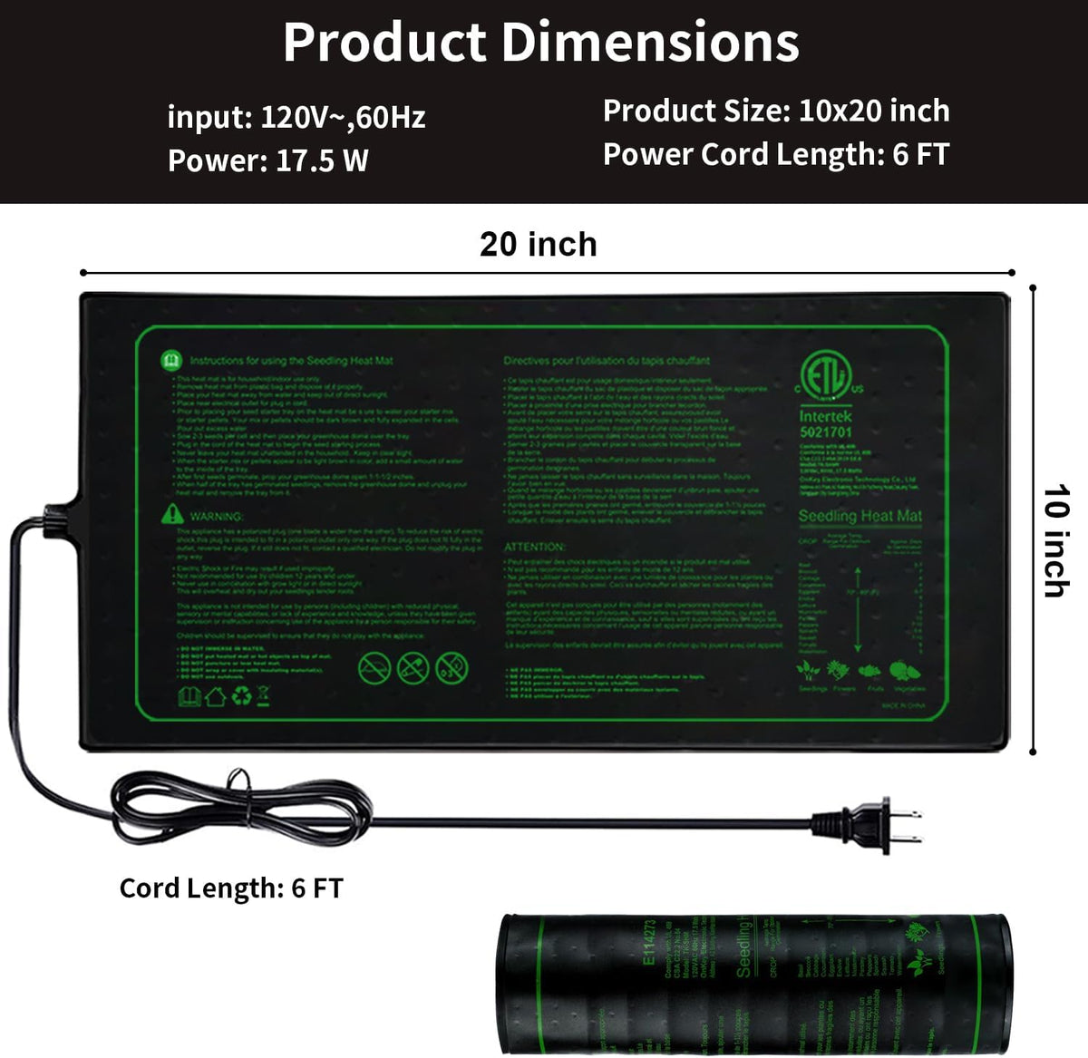 Upgrade 20" x 10" Durable Waterproof Seedling Heat Mat with ETL Certified, Warm Hydroponic Heating Pad for Germination,Indoor Plant Gardening and Cutting, Brewing and Seed Starting Greenhouse