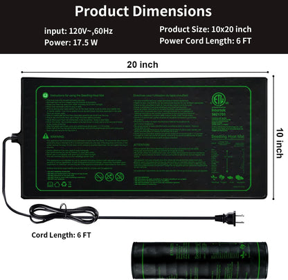 Upgrade 20" x 10" Durable Waterproof Seedling Heat Mat with ETL Certified, Warm Hydroponic Heating Pad for Germination,Indoor Plant Gardening and Cutting, Brewing and Seed Starting Greenhouse
