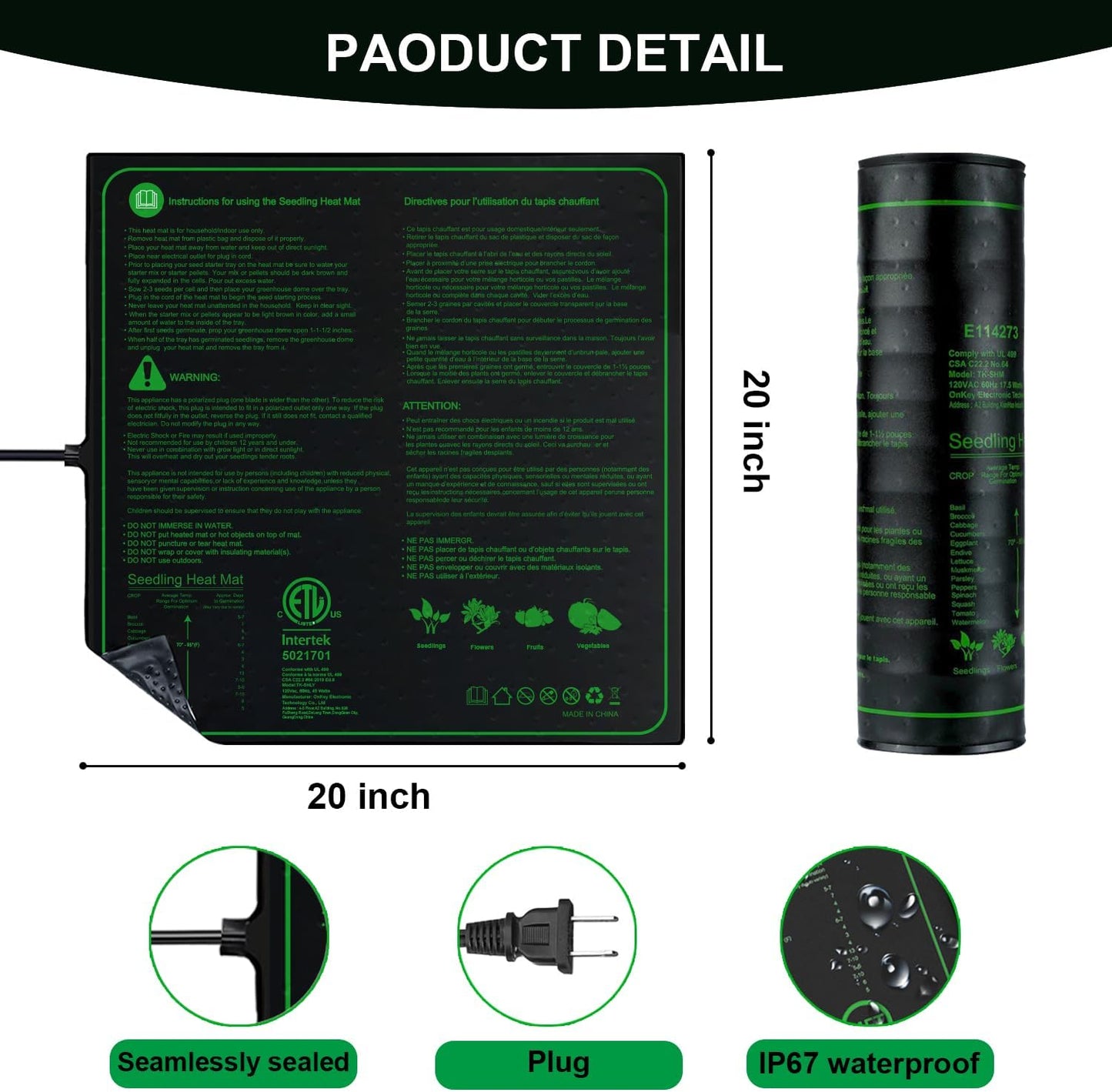 Upgrade 20" x 10" Durable Waterproof Seedling Heat Mat with ETL Certified, Warm Hydroponic Heating Pad for Germination,Indoor Plant Gardening and Cutting, Brewing and Seed Starting Greenhouse