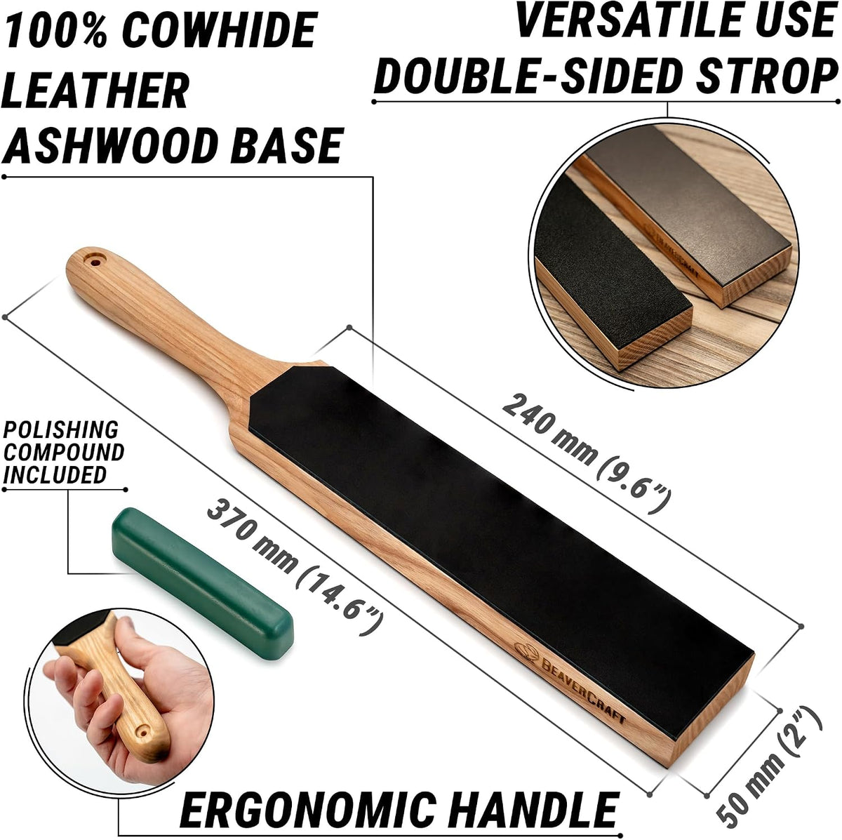 Leather Strop for Knife Sharpening - Double-Sided Knife Strop & Stropping Compound Kit - Honing Strop Block 14" for Woodcarving Tools, Chisel Knife Sharpening Kit Leather Sharpener LS6P1