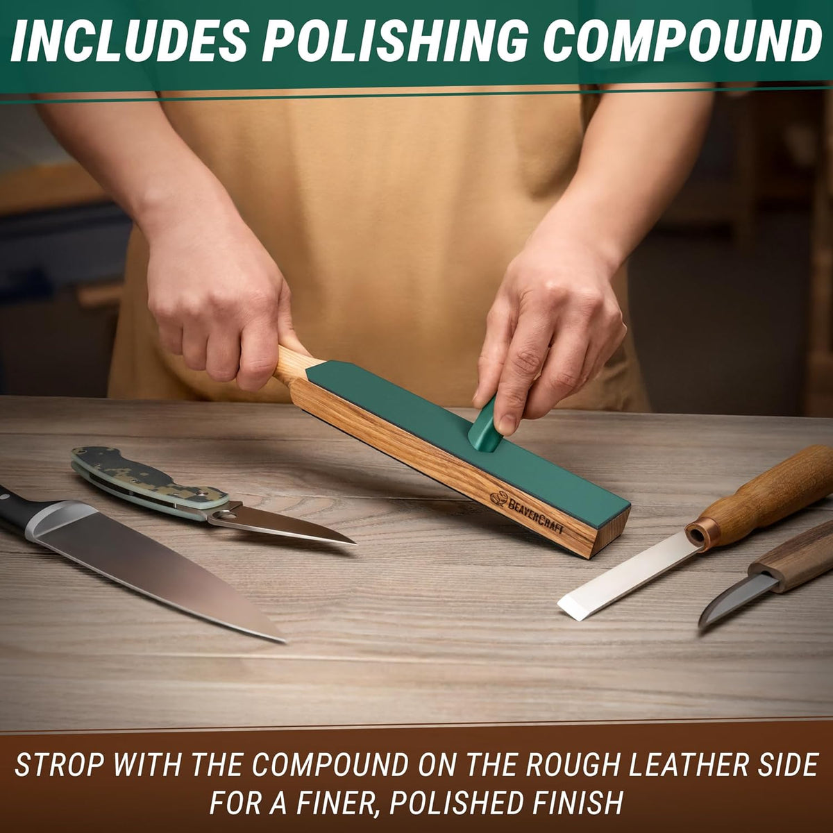 Leather Strop for Knife Sharpening - Double-Sided Knife Strop & Stropping Compound Kit - Honing Strop Block 14" for Woodcarving Tools, Chisel Knife Sharpening Kit Leather Sharpener LS6P1