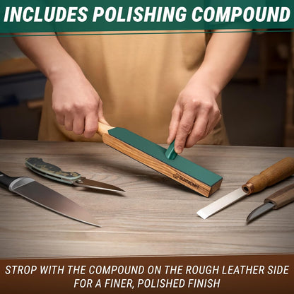 Leather Strop for Knife Sharpening - Double-Sided Knife Strop & Stropping Compound Kit - Honing Strop Block 14" for Woodcarving Tools, Chisel Knife Sharpening Kit Leather Sharpener LS6P1