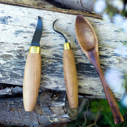 Wood Carving Knife | Single Bevel Sloyd Hook Knife | Wood Carving Tools for Spoons & Hollowing Bowls | 1095 High Carbon Steel Blades | Ergonomic Cherry Hardwood Handle | KN52 | Made in the U.S