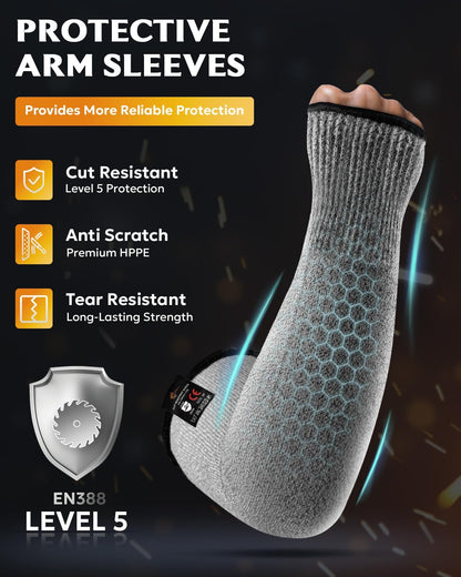 Protective Arm Sleeves Arm Protectors for Thin Skin and Bruising | Black,Large,No Thumb Hole,EN388 Level 5 Cut Resistant Safety Work Sleeves for Gardening,Farming,Sun Protection