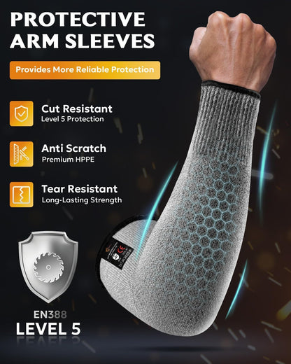 Protective Arm Sleeves Arm Protectors for Thin Skin and Bruising | Black,Large,No Thumb Hole,EN388 Level 5 Cut Resistant Safety Work Sleeves for Gardening,Farming,Sun Protection