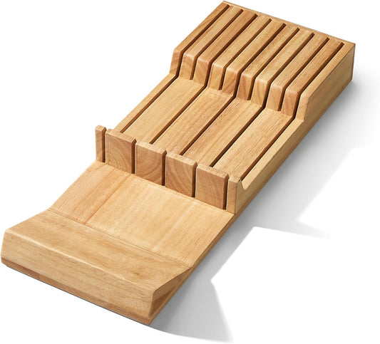 Basics Durable Wood Cutlery Holder, Knife Storage Block Organizer, Made of Rubber Wood, Polished Surface, Suitable for Drawers, 9-Slot