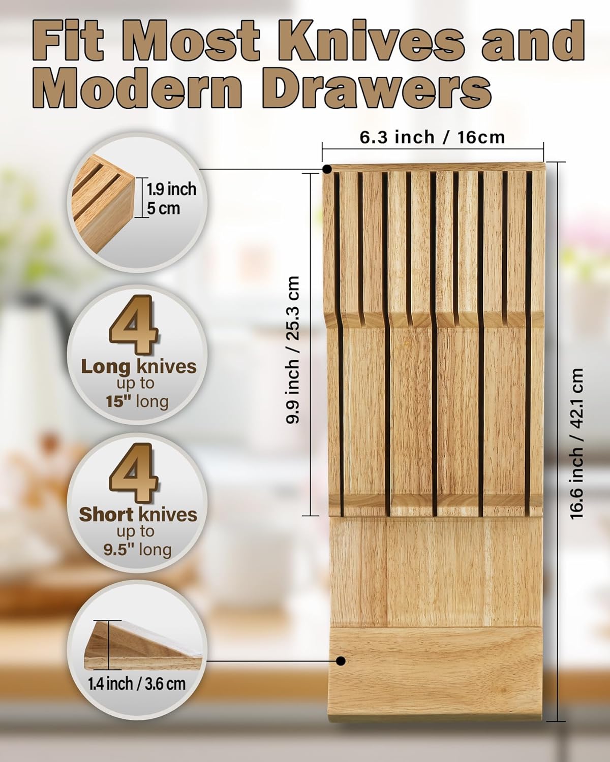 Basics Durable Wood Cutlery Holder, Knife Storage Block Organizer, Made of Rubber Wood, Polished Surface, Suitable for Drawers, 9-Slot