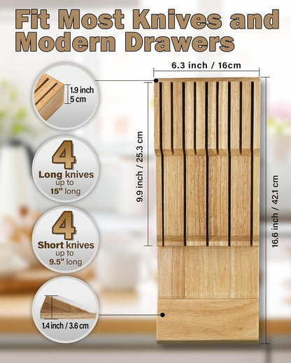 Basics Durable Wood Cutlery Holder, Knife Storage Block Organizer, Made of Rubber Wood, Polished Surface, Suitable for Drawers, 9-Slot