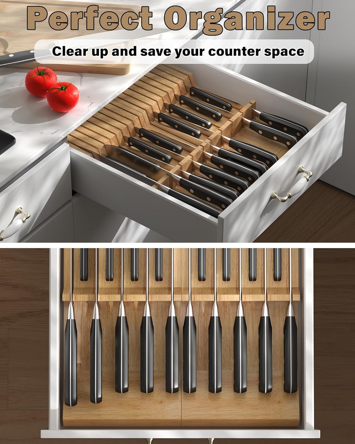 Basics Durable Wood Cutlery Holder, Knife Storage Block Organizer, Made of Rubber Wood, Polished Surface, Suitable for Drawers, 9-Slot