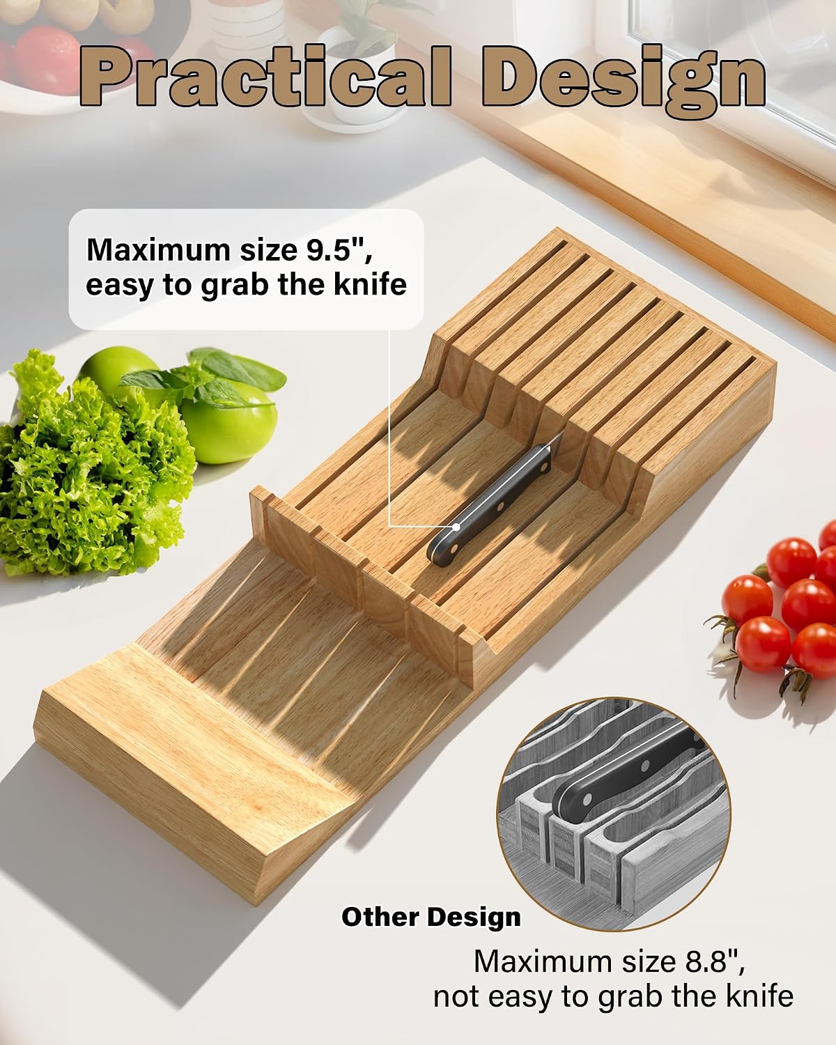 Basics Durable Wood Cutlery Holder, Knife Storage Block Organizer, Made of Rubber Wood, Polished Surface, Suitable for Drawers, 9-Slot