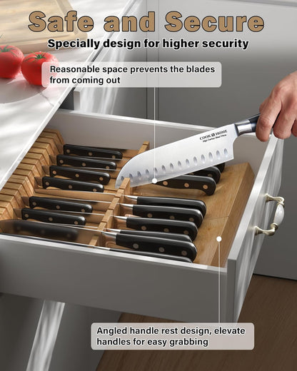 Basics Durable Wood Cutlery Holder, Knife Storage Block Organizer, Made of Rubber Wood, Polished Surface, Suitable for Drawers, 9-Slot