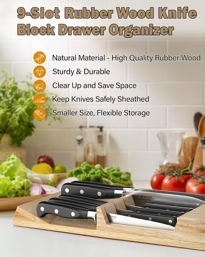 Basics Durable Wood Cutlery Holder, Knife Storage Block Organizer, Made of Rubber Wood, Polished Surface, Suitable for Drawers, 9-Slot