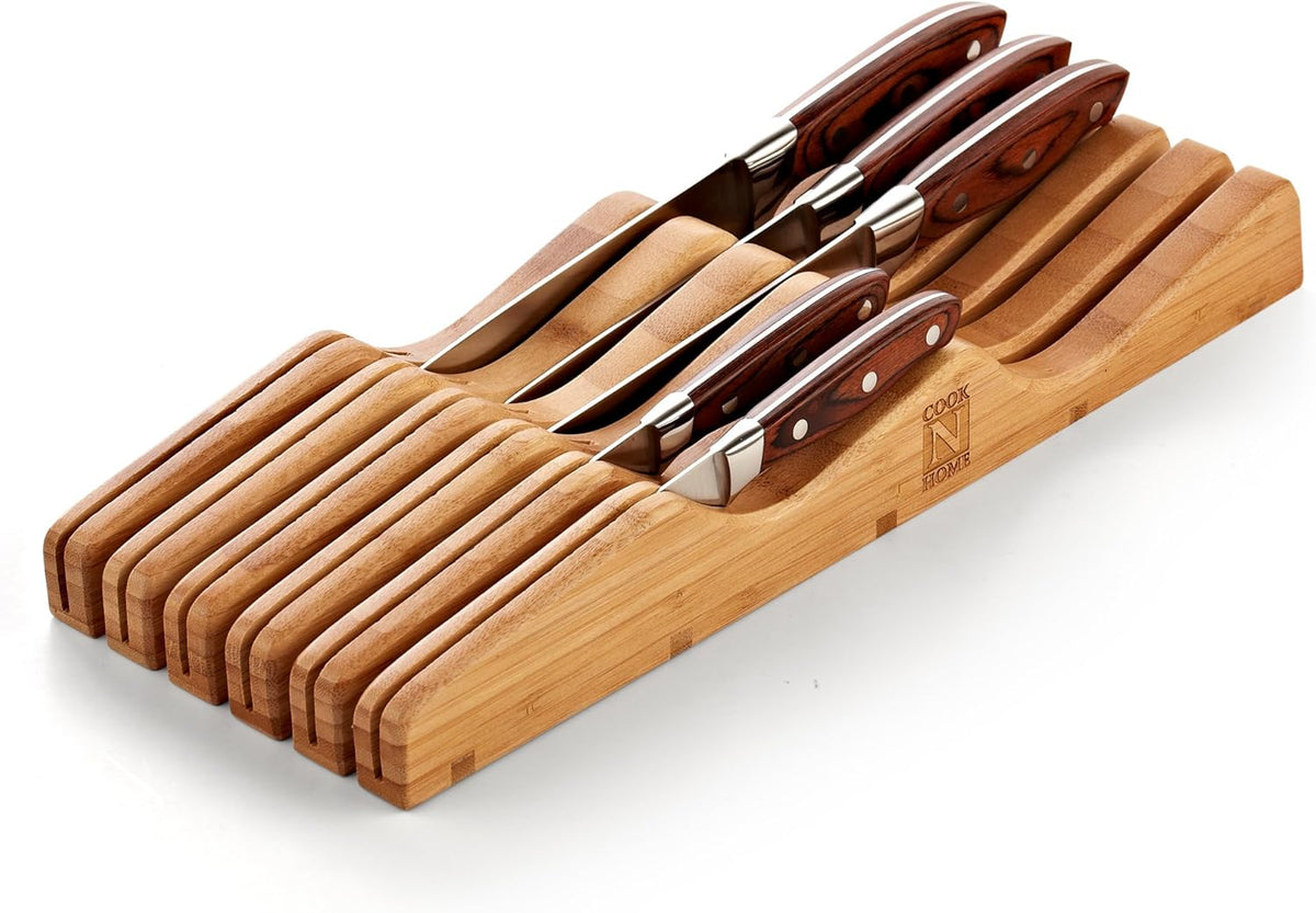 Basics Durable Wood Cutlery Holder, Knife Storage Block Organizer, Made of Rubber Wood, Polished Surface, Suitable for Drawers, 9-Slot