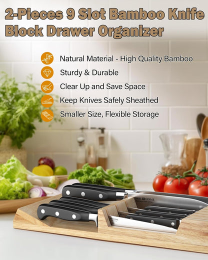 Basics Durable Wood Cutlery Holder, Knife Storage Block Organizer, Made of Rubber Wood, Polished Surface, Suitable for Drawers, 9-Slot