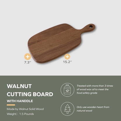 Small Cutting Board with Handle, Walnut Wooden Chopping Boards for Bread, Vegetables & Fruits, Dinner Cheese Board with Hole(15.2x7.3 Inches)