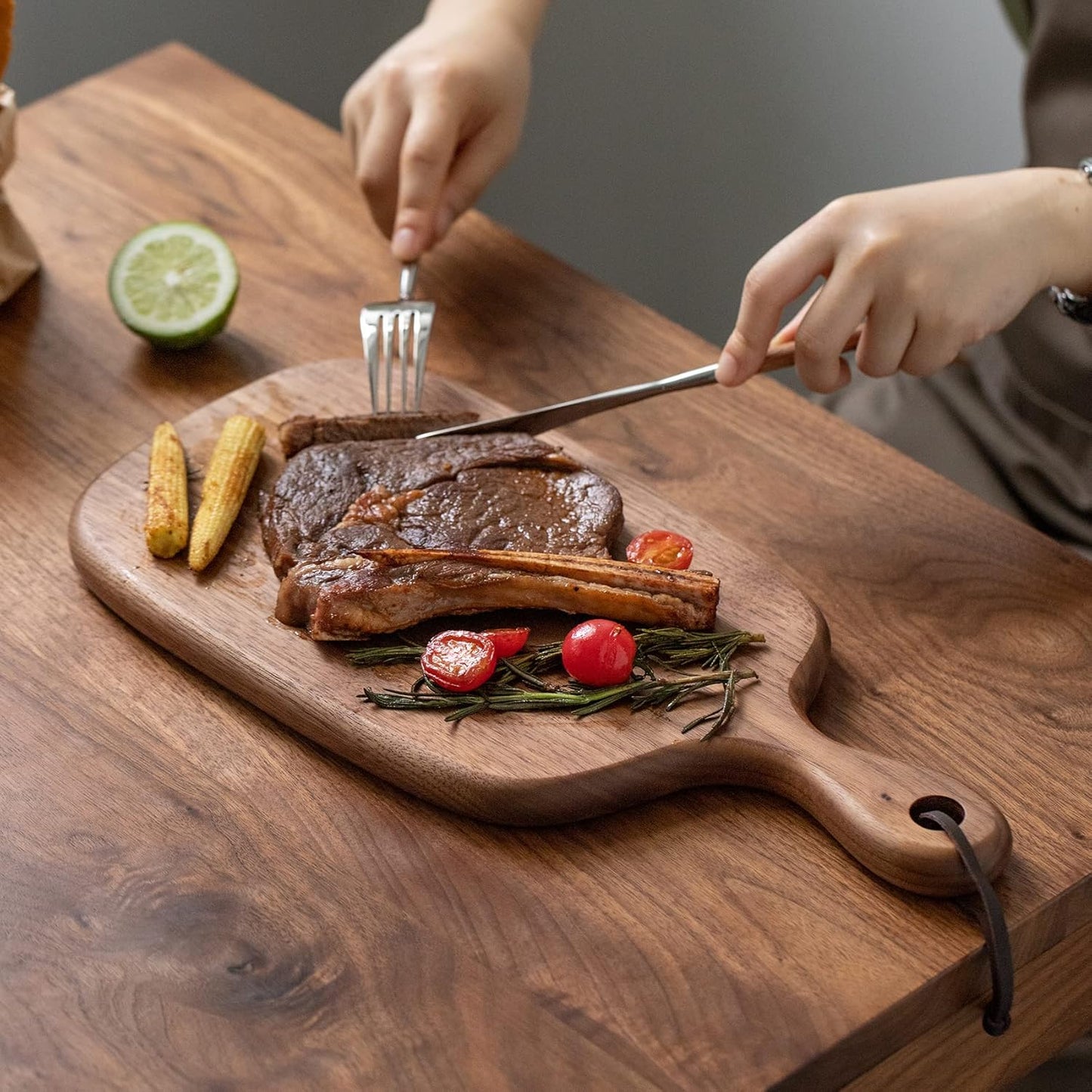 Small Cutting Board with Handle, Walnut Wooden Chopping Boards for Bread, Vegetables & Fruits, Dinner Cheese Board with Hole(15.2x7.3 Inches)