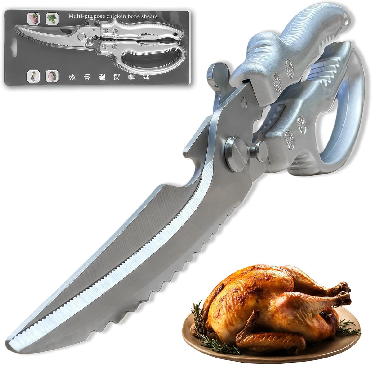 Heavy Duty Poultry Shears - Kitchen Shears with Non-Slip Handle & Safety Lock for Effortless Chicken, Meat Cutting, Turkey, Fish, and Veggies! Spring Loaded & Dishwasher Safe!