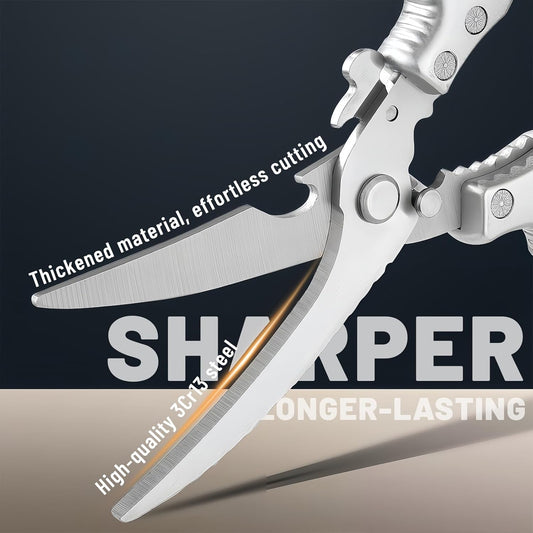 Heavy Duty Poultry Shears - Kitchen Shears with Non-Slip Handle & Safety Lock for Effortless Chicken, Meat Cutting, Turkey, Fish, and Veggies! Spring Loaded & Dishwasher Safe!