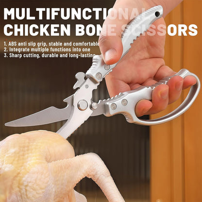 Heavy Duty Poultry Shears - Kitchen Shears with Non-Slip Handle & Safety Lock for Effortless Chicken, Meat Cutting, Turkey, Fish, and Veggies! Spring Loaded & Dishwasher Safe!