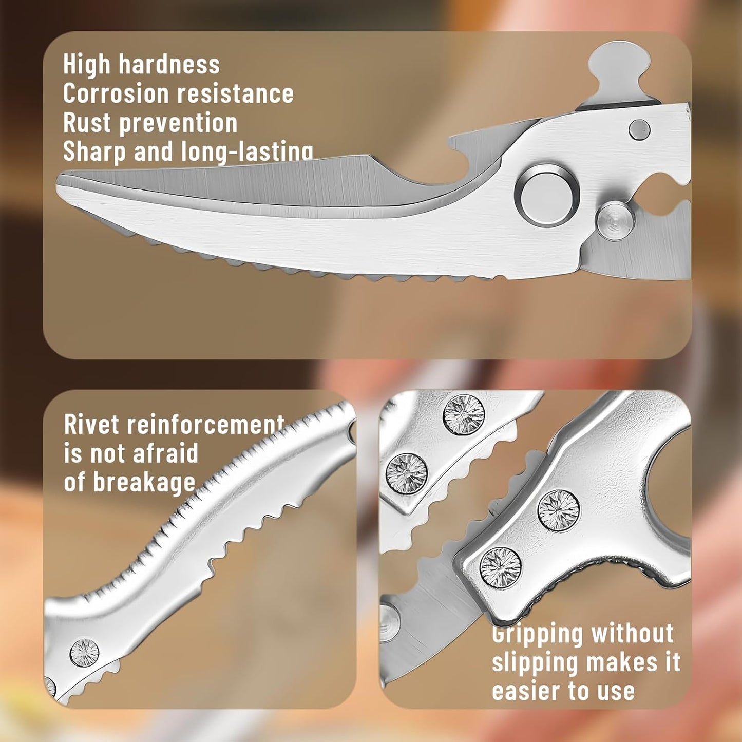 Heavy Duty Poultry Shears - Kitchen Shears with Non-Slip Handle & Safety Lock for Effortless Chicken, Meat Cutting, Turkey, Fish, and Veggies! Spring Loaded & Dishwasher Safe!