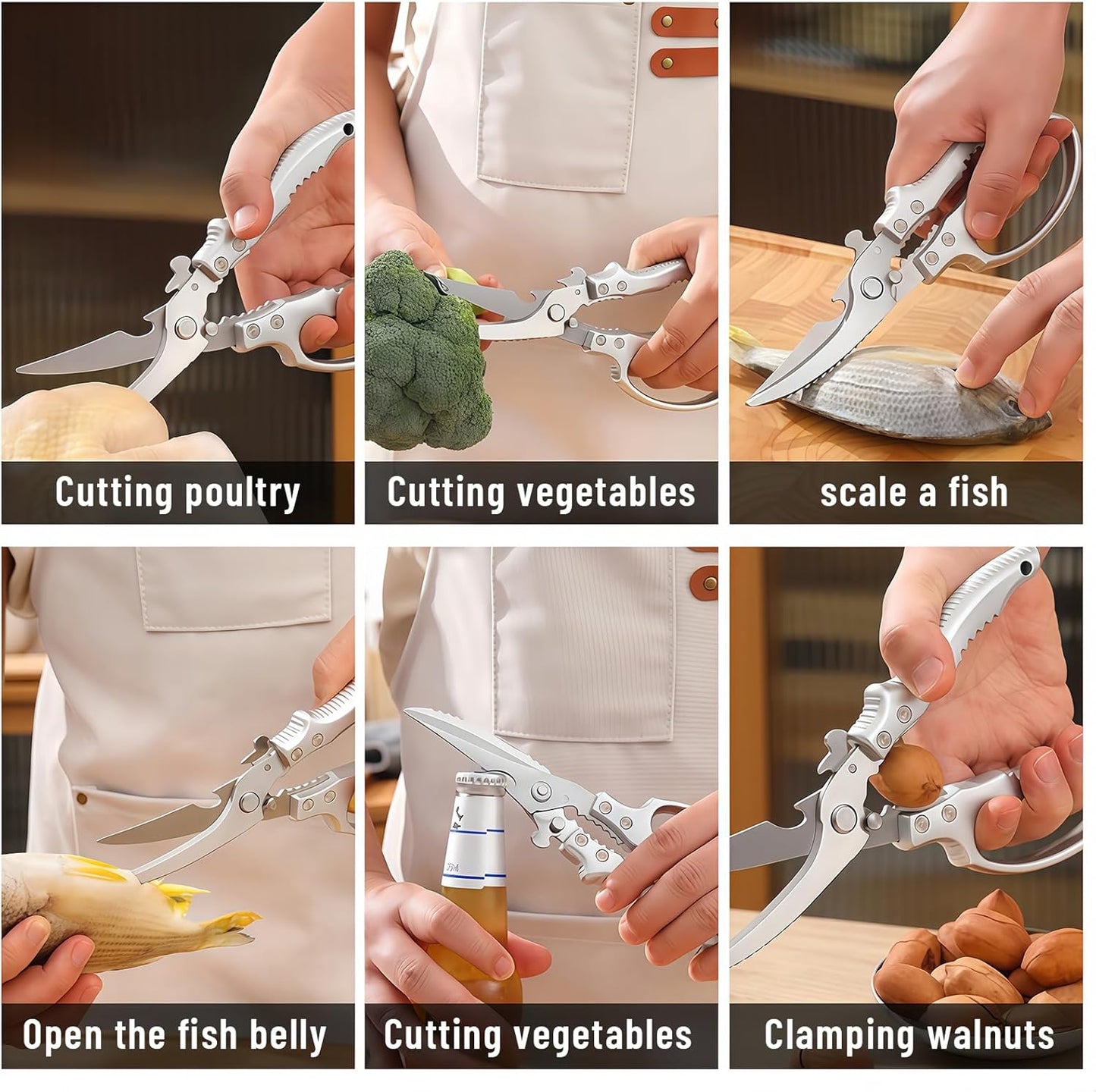 Heavy Duty Poultry Shears - Kitchen Shears with Non-Slip Handle & Safety Lock for Effortless Chicken, Meat Cutting, Turkey, Fish, and Veggies! Spring Loaded & Dishwasher Safe!
