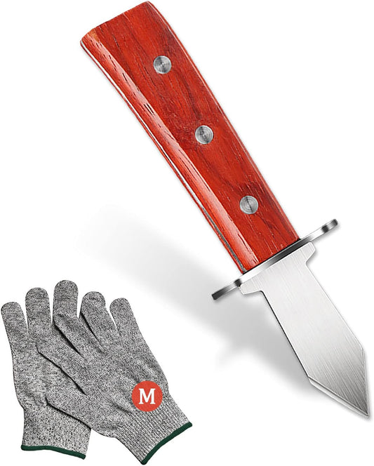 Oyster Shucker Knife with Wooden Non-slip Handle Clam Opener Oyster Knife Not Easy To Break and Bend with 5-leve Protection Food Grade Oyster Shucking Knife and Gloves (M),Oyster Shucking Kit