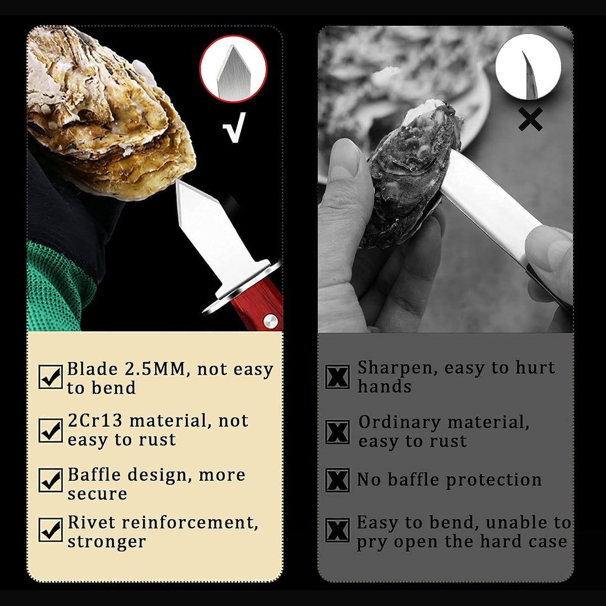 Oyster Shucker Knife with Wooden Non-slip Handle Clam Opener Oyster Knife Not Easy To Break and Bend with 5-leve Protection Food Grade Oyster Shucking Knife and Gloves (M),Oyster Shucking Kit