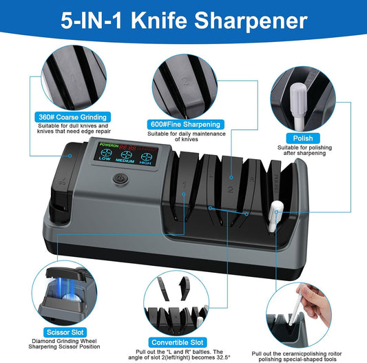 5-in-1 Electric Knife Sharpener for Kitchen Knives, 3-Stage Sharpener with 100% Diamond Abrasive, LCD Screen, Speed Adjustable, Knife Sharpener for All Kitchen Knives Quick Sharpening, Scissors