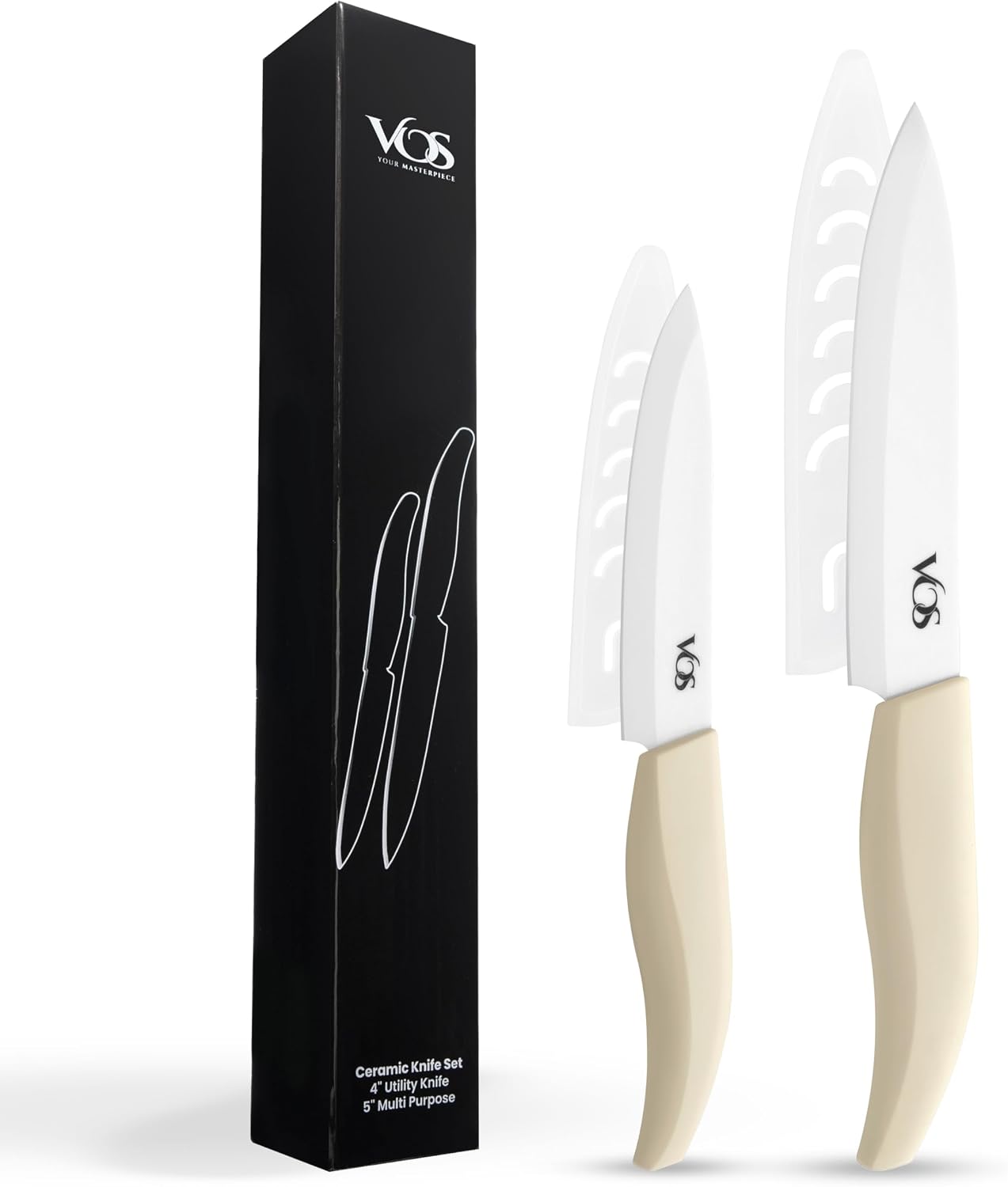 ceramic knives set for kitchen in gift box, set of 2 ceramic knife with cover, 5.5" santoku & 4.5" utility for home cooks, Ultra Sharp, lightweight, rust-free, dishwasher safe (Off-white handle)