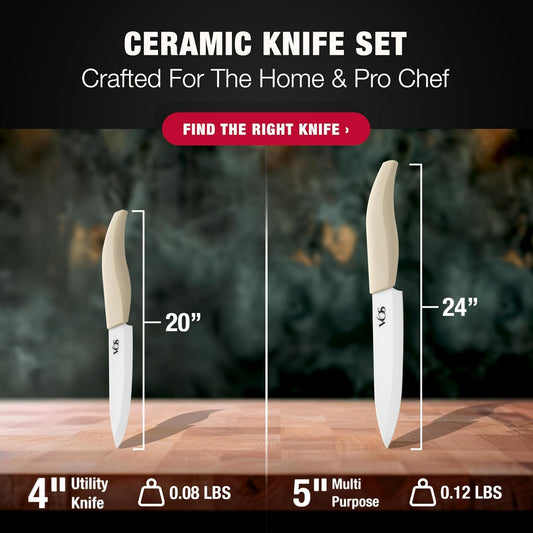ceramic knives set for kitchen in gift box, set of 2 ceramic knife with cover, 5.5" santoku & 4.5" utility for home cooks, Ultra Sharp, lightweight, rust-free, dishwasher safe (Off-white handle)