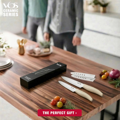 ceramic knives set for kitchen in gift box, set of 2 ceramic knife with cover, 5.5" santoku & 4.5" utility for home cooks, Ultra Sharp, lightweight, rust-free, dishwasher safe (Off-white handle)