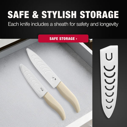 ceramic knives set for kitchen in gift box, set of 2 ceramic knife with cover, 5.5" santoku & 4.5" utility for home cooks, Ultra Sharp, lightweight, rust-free, dishwasher safe (Off-white handle)