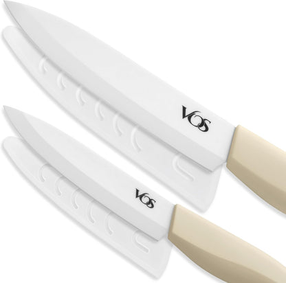 ceramic knives set for kitchen in gift box, set of 2 ceramic knife with cover, 5.5" santoku & 4.5" utility for home cooks, Ultra Sharp, lightweight, rust-free, dishwasher safe (Off-white handle)