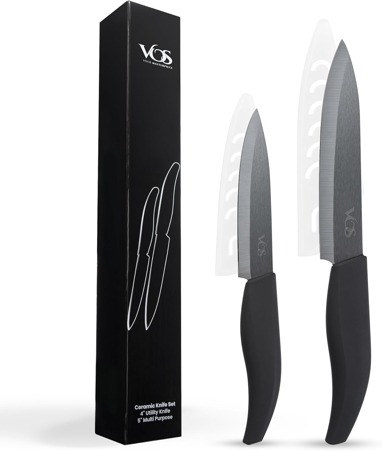 ceramic knives set for kitchen in gift box, set of 2 ceramic knife with cover, 5.5" santoku & 4.5" utility for home cooks, Ultra Sharp, lightweight, rust-free, dishwasher safe (Off-white handle)