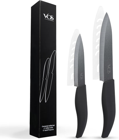 ceramic knives set for kitchen in gift box, set of 2 ceramic knife with cover, 5.5" santoku & 4.5" utility for home cooks, Ultra Sharp, lightweight, rust-free, dishwasher safe (Off-white handle)