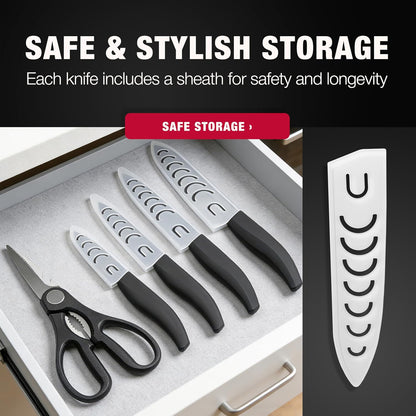 ceramic knives set for kitchen in gift box, set of 2 ceramic knife with cover, 5.5" santoku & 4.5" utility for home cooks, Ultra Sharp, lightweight, rust-free, dishwasher safe (Off-white handle)