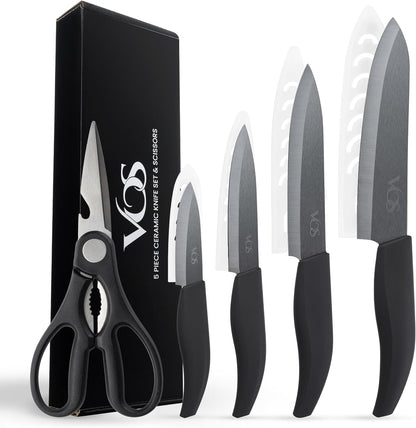 ceramic knives set for kitchen in gift box, set of 2 ceramic knife with cover, 5.5" santoku & 4.5" utility for home cooks, Ultra Sharp, lightweight, rust-free, dishwasher safe (Off-white handle)