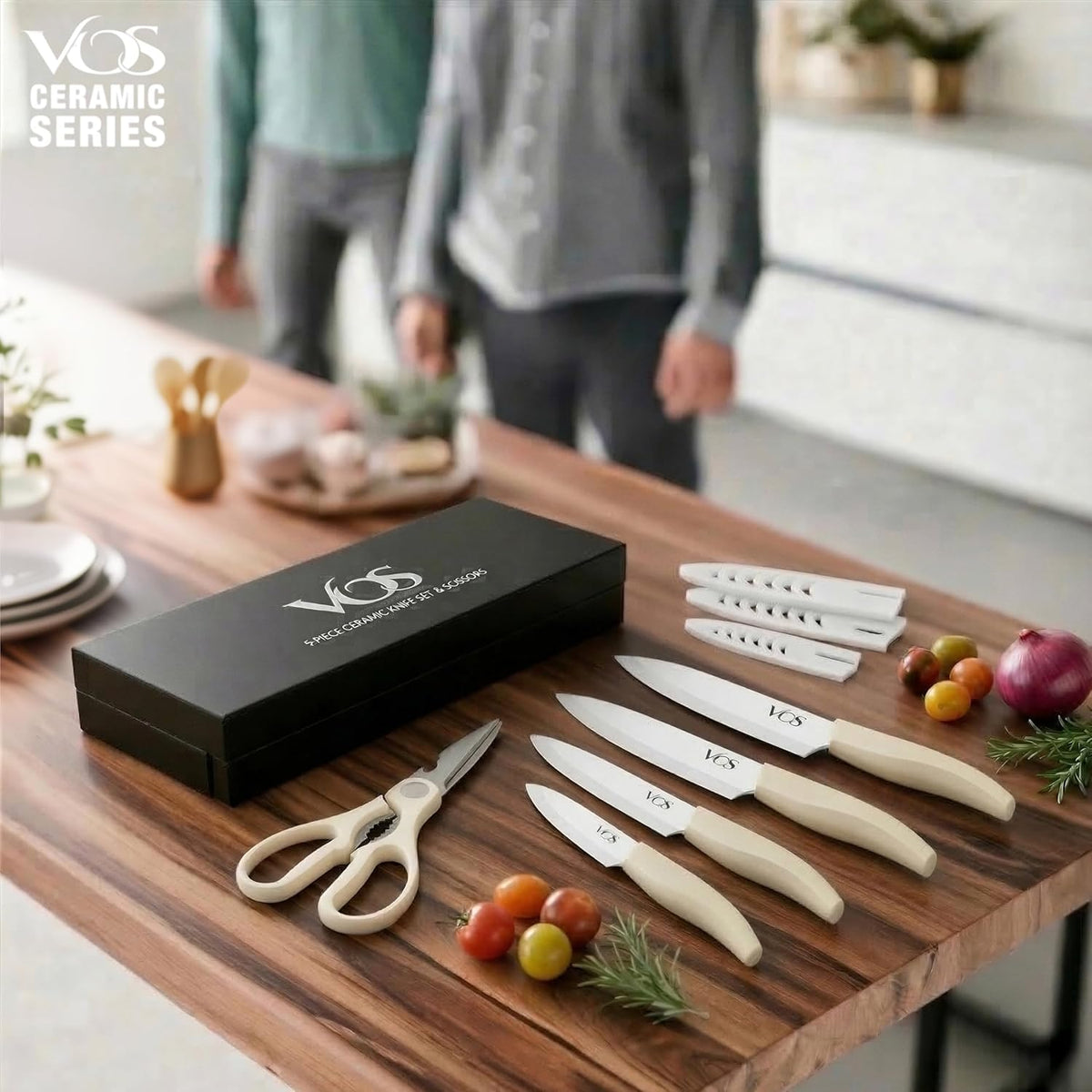 ceramic knives set for kitchen in gift box, set of 2 ceramic knife with cover, 5.5" santoku & 4.5" utility for home cooks, Ultra Sharp, lightweight, rust-free, dishwasher safe (Off-white handle)