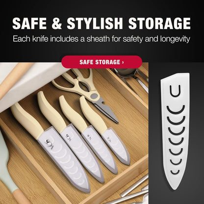 ceramic knives set for kitchen in gift box, set of 2 ceramic knife with cover, 5.5" santoku & 4.5" utility for home cooks, Ultra Sharp, lightweight, rust-free, dishwasher safe (Off-white handle)