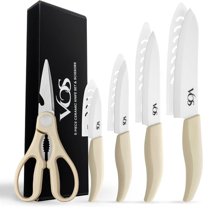 ceramic knives set for kitchen in gift box, set of 2 ceramic knife with cover, 5.5" santoku & 4.5" utility for home cooks, Ultra Sharp, lightweight, rust-free, dishwasher safe (Off-white handle)