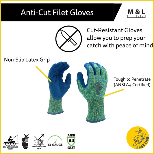 Rock Fish FP3703 Filet Gripper Fishing Gloves, Cut-Resistant Filet, Food Prep, Salt & Fresh Water, One Pair, Medium