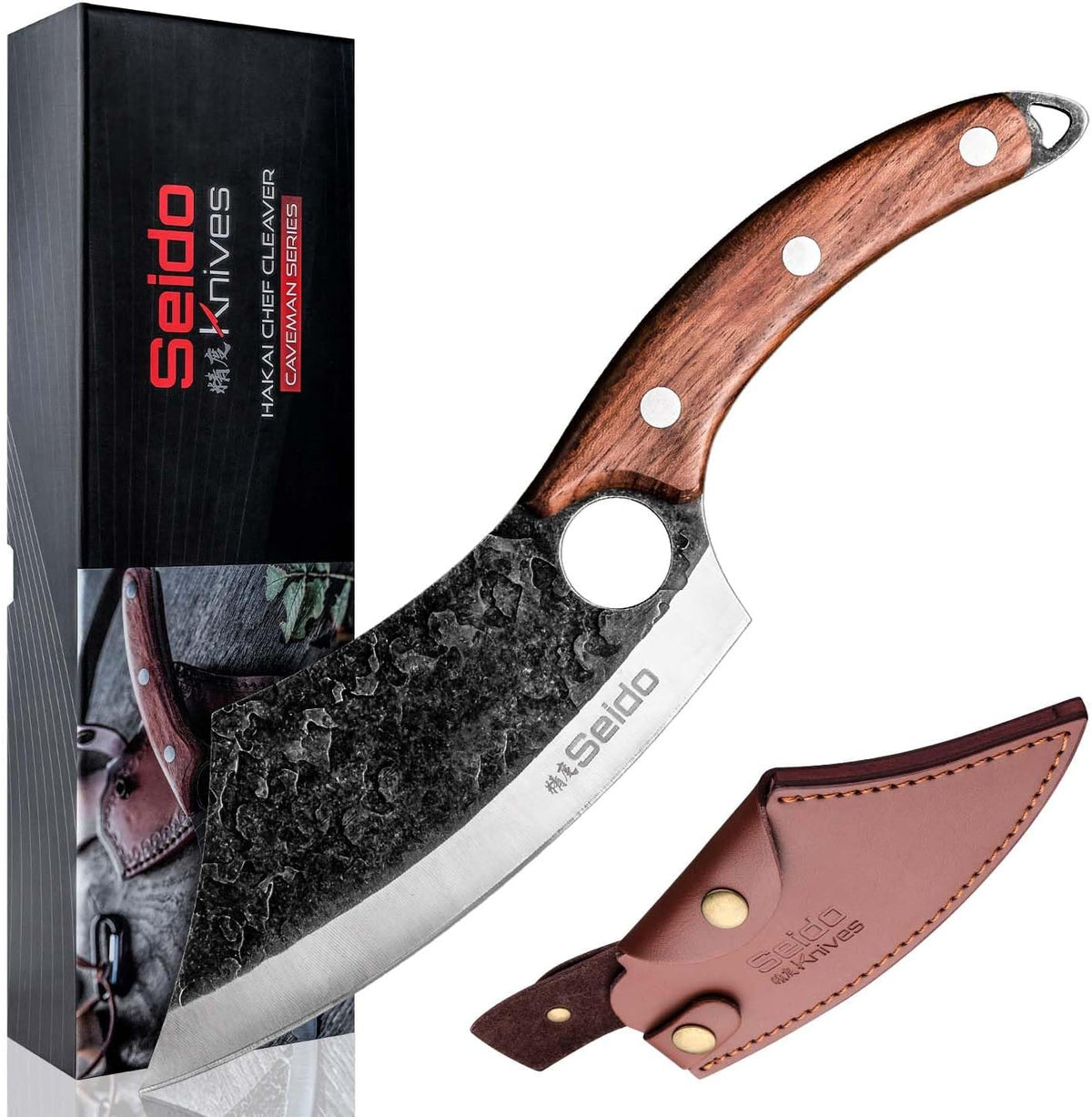 Seido Hakai Meat Cleaver Knife, High Carbon Steel, Rosewood Handle | Japanese-style butcher cleaver with leather sheath for meat, kitchen prep, camping, and BBQ