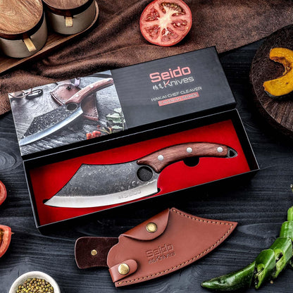 Seido Hakai Meat Cleaver Knife, High Carbon Steel, Rosewood Handle | Japanese-style butcher cleaver with leather sheath for meat, kitchen prep, camping, and BBQ
