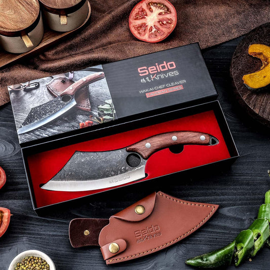 Seido Hakai Meat Cleaver Knife, High Carbon Steel, Rosewood Handle | Japanese-style butcher cleaver with leather sheath for meat, kitchen prep, camping, and BBQ