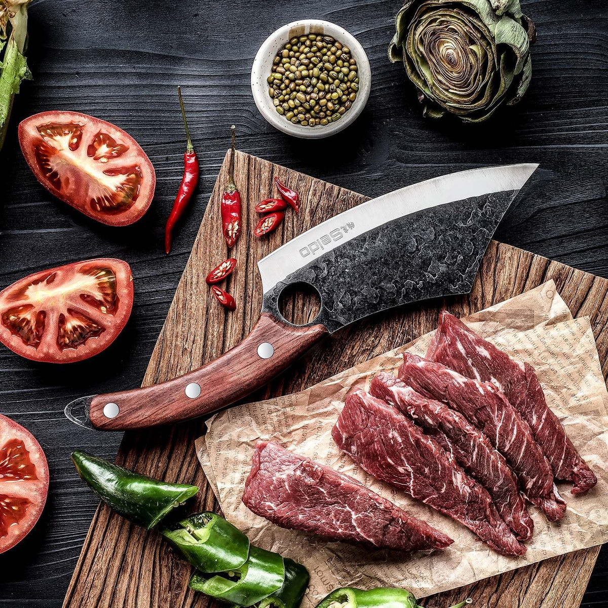Seido Hakai Meat Cleaver Knife, High Carbon Steel, Rosewood Handle | Japanese-style butcher cleaver with leather sheath for meat, kitchen prep, camping, and BBQ