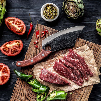 Seido Hakai Meat Cleaver Knife, High Carbon Steel, Rosewood Handle | Japanese-style butcher cleaver with leather sheath for meat, kitchen prep, camping, and BBQ