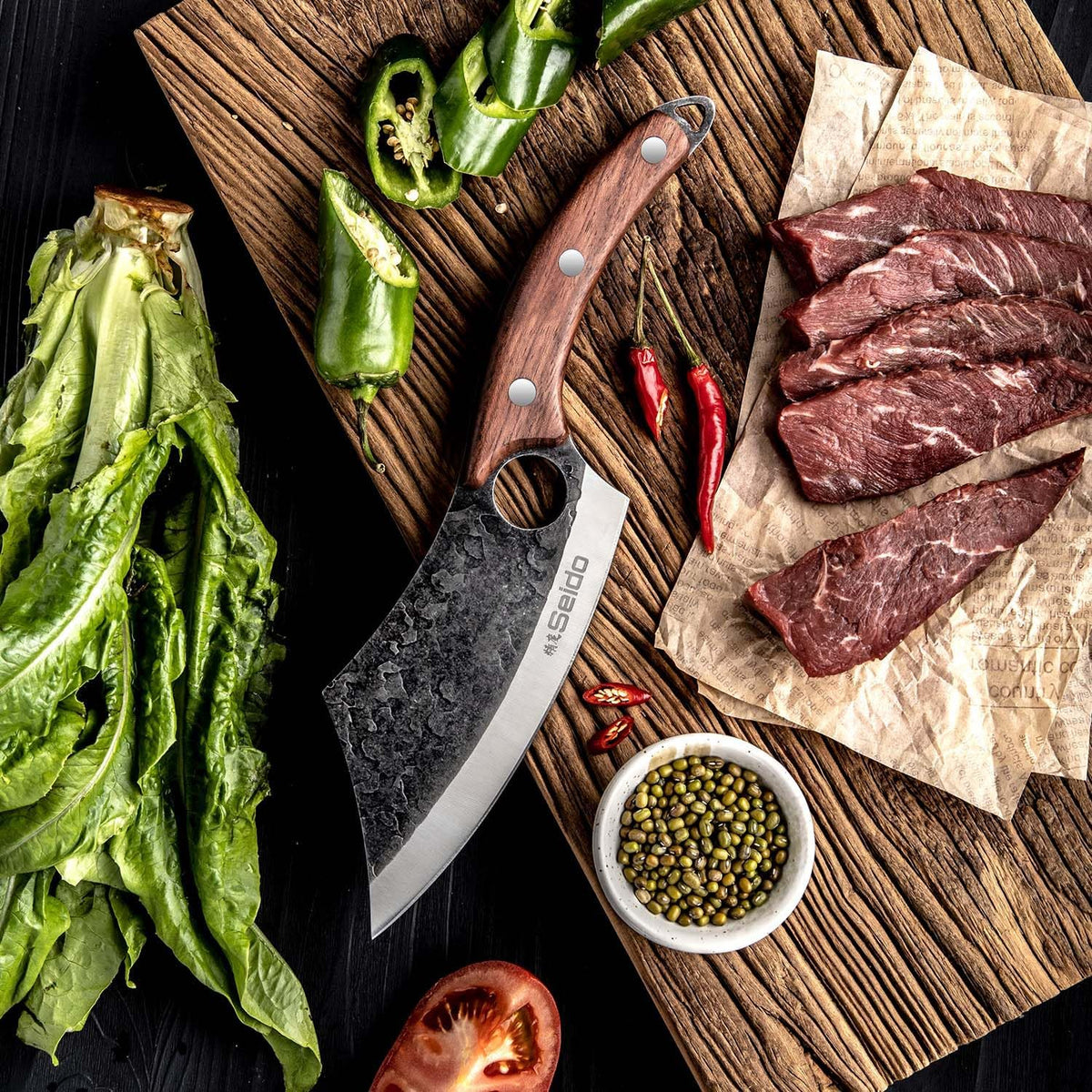Seido Hakai Meat Cleaver Knife, High Carbon Steel, Rosewood Handle | Japanese-style butcher cleaver with leather sheath for meat, kitchen prep, camping, and BBQ