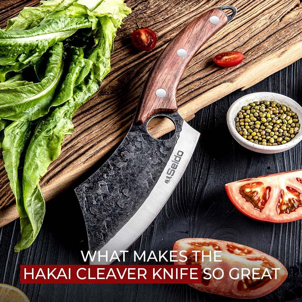 Seido Hakai Meat Cleaver Knife, High Carbon Steel, Rosewood Handle | Japanese-style butcher cleaver with leather sheath for meat, kitchen prep, camping, and BBQ