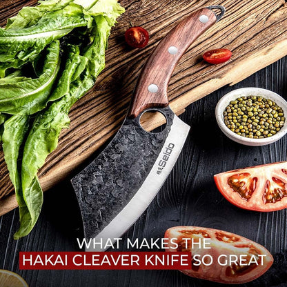 Seido Hakai Meat Cleaver Knife, High Carbon Steel, Rosewood Handle | Japanese-style butcher cleaver with leather sheath for meat, kitchen prep, camping, and BBQ